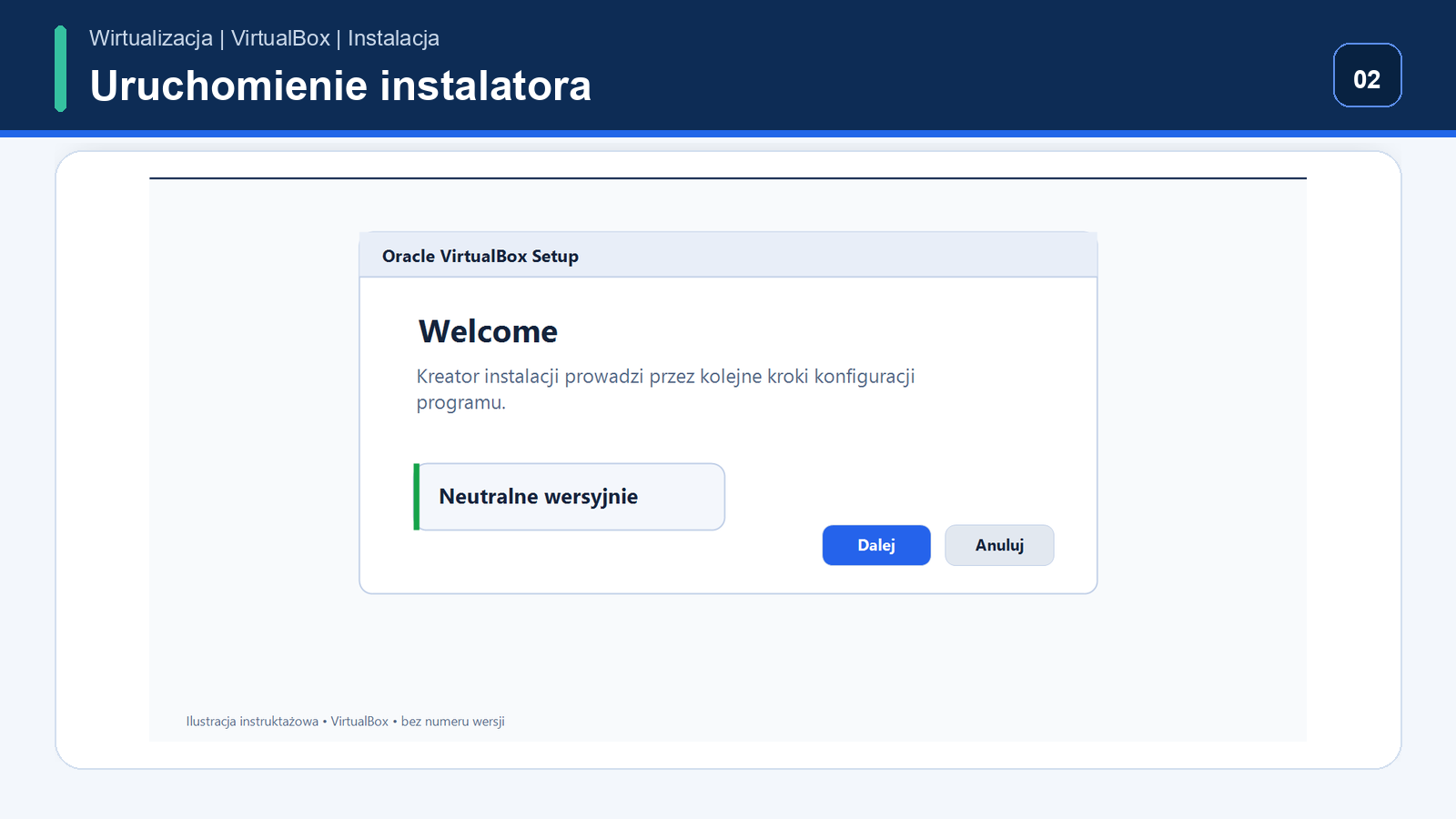 Ekran powitalny instalatora VirtualBox