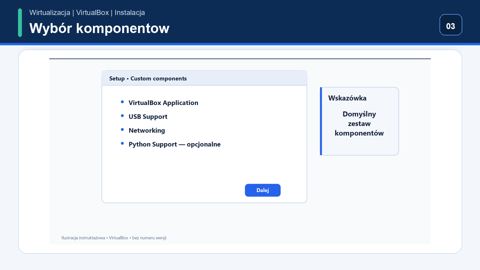 Wybór komponentów instalacji VirtualBox