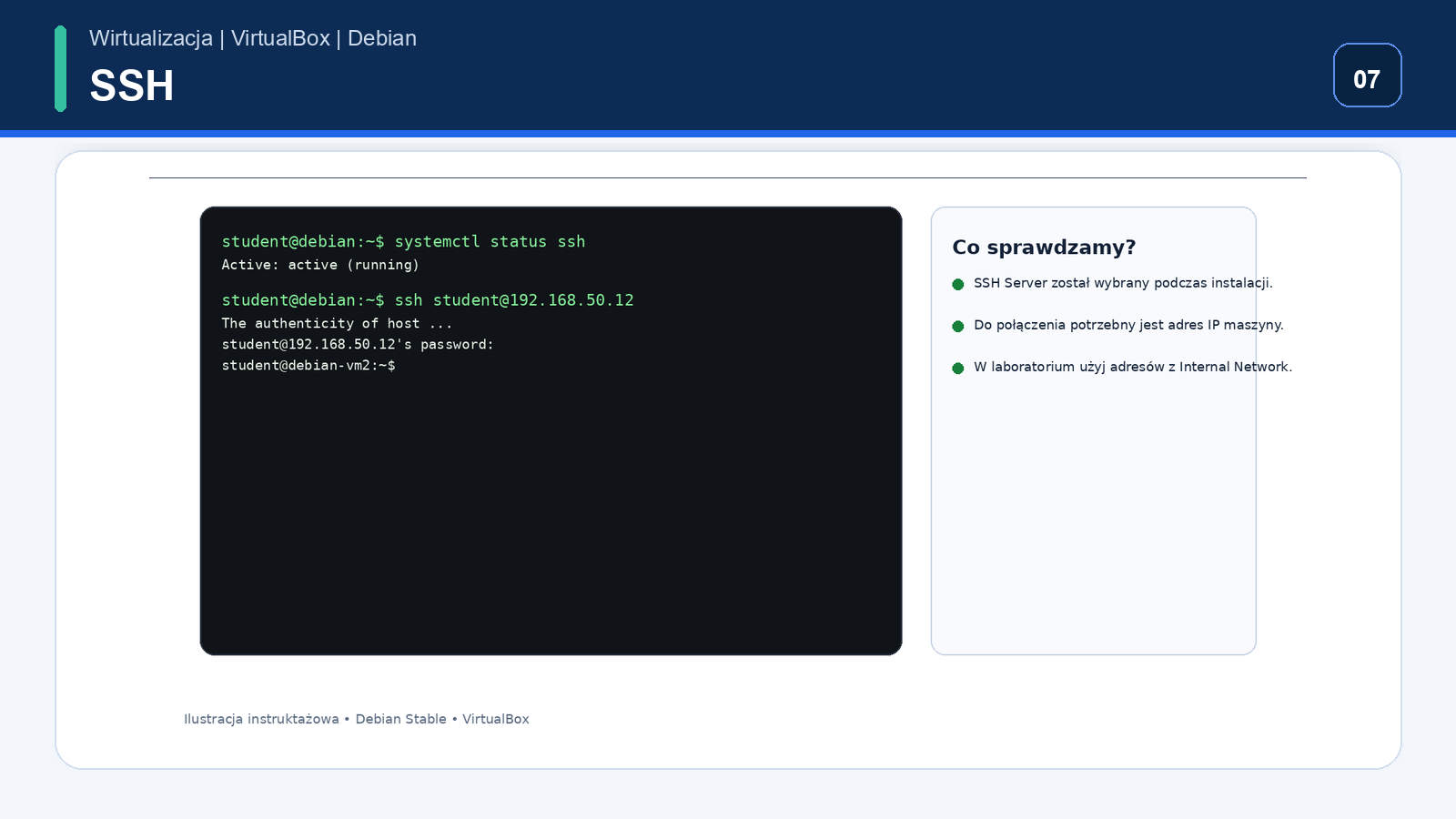 Test połączenia SSH do maszyny Debian Stable